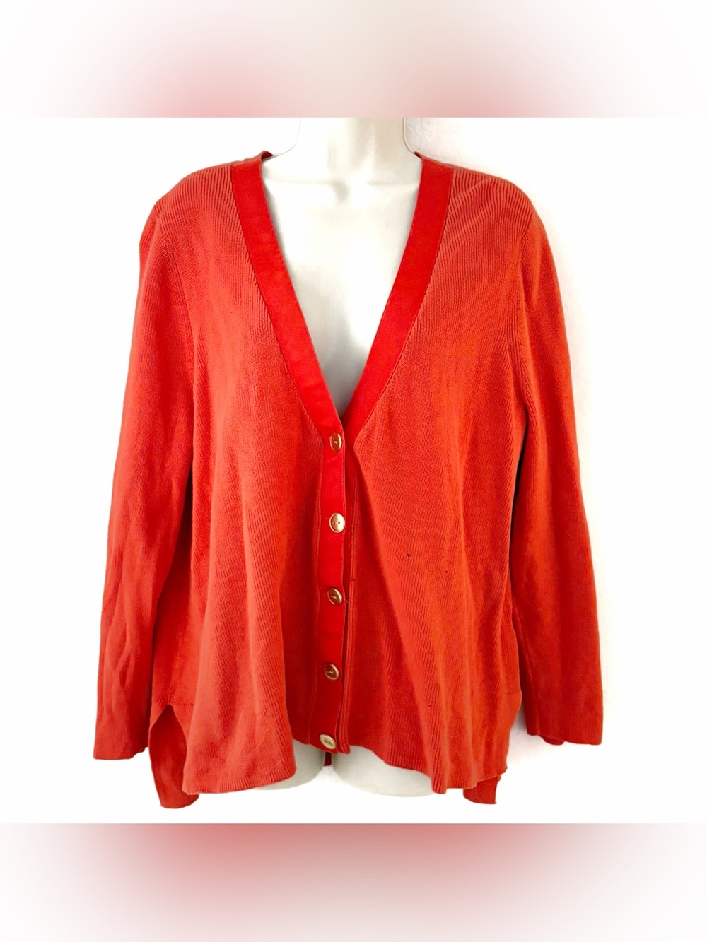 DAMAGED Talbots Orange-Red V-Neck Button Front Cardigan
